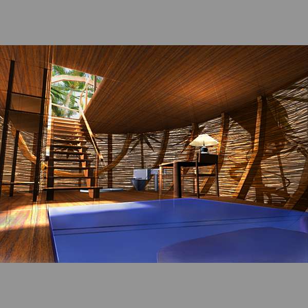 lower level walls are made of woven bamboo filtering direct sun while letting in breeze