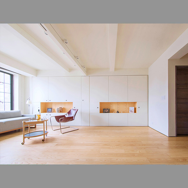 the apartment is opened or closed via a large sliding wall